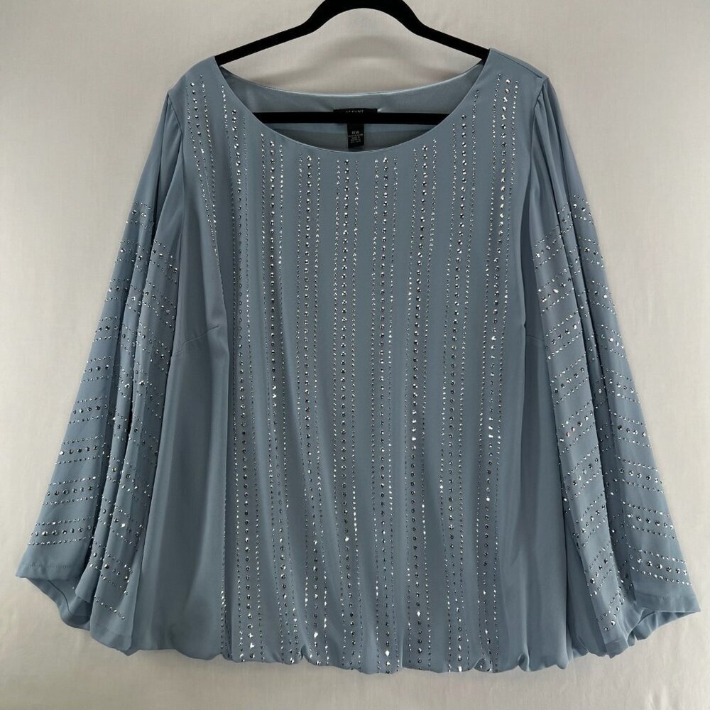 Alfani Embellished Bell Sleeve Blouse Women 18W Scoop Neck Bubble Hem Light Blue